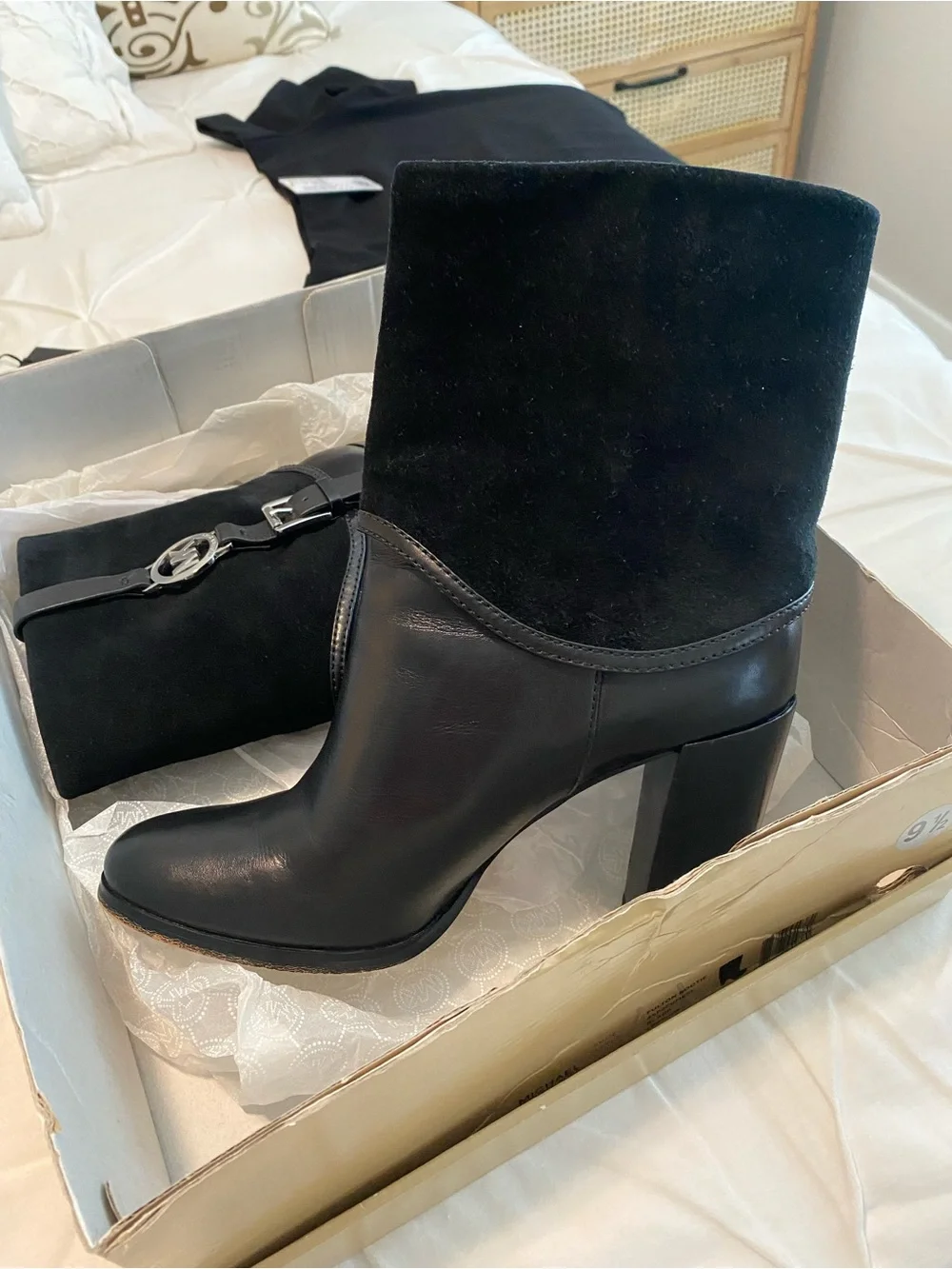 Michael Kors FultonBlack Leather and Suede MK Logo Block Heel Ankle Boot